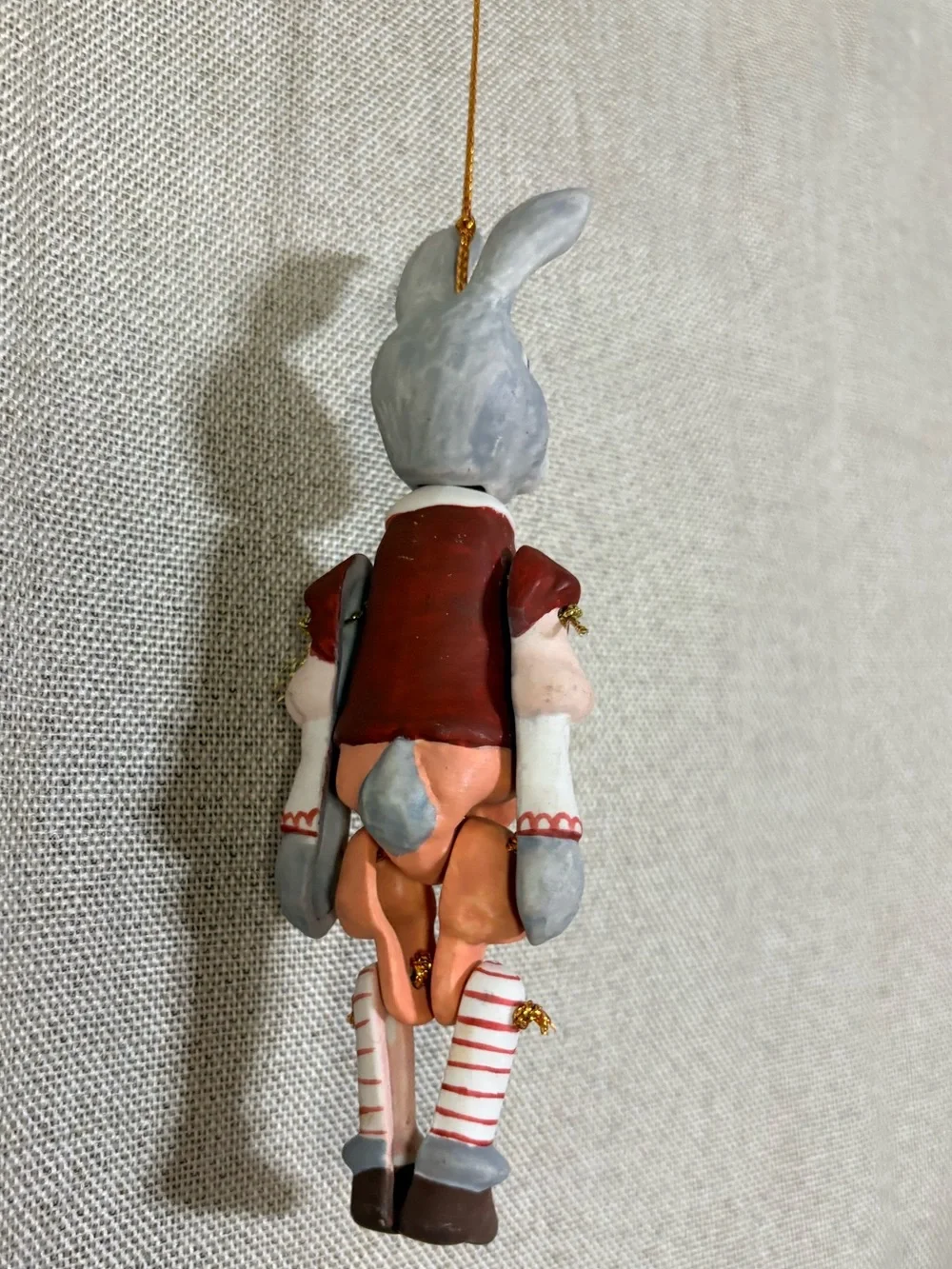Handcrafted Jointed Clay Bunny Rabbit Ornament Articulated Hanging Folk 5.5”